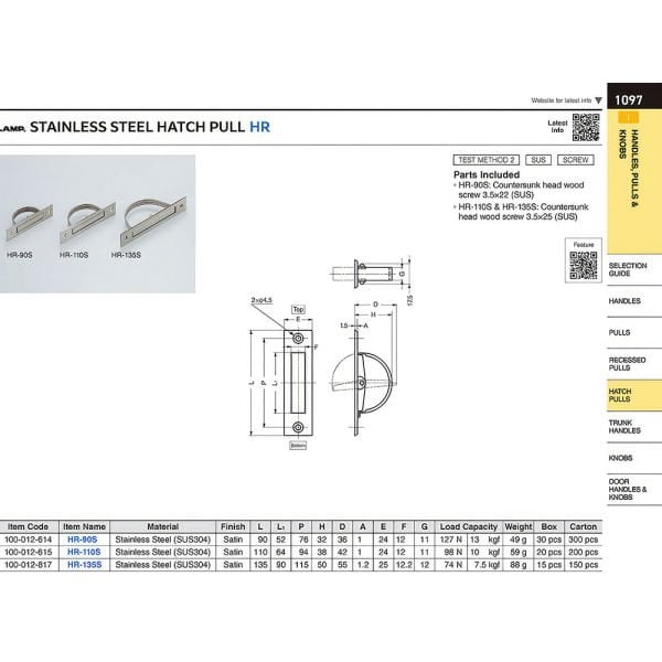Sugatsune HR-110S Lamp Paslanmaz Hatch Kulp
